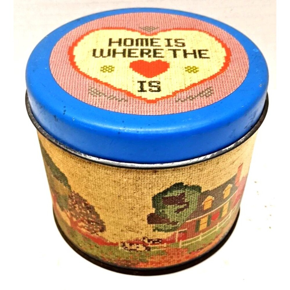 Vintage Metal Tin Cross Stitch Home is Where The Heart Is Container Candy Cookie